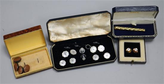 A pair of 9ct gold dress studs, a gilt metal dress stud set, a tie pin and a pair of silver and hardstone cuff links.